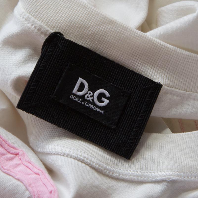 Women's Dolce and Gabbana Off White Cotton Pink Applique Crew Neck T-Shirt XL