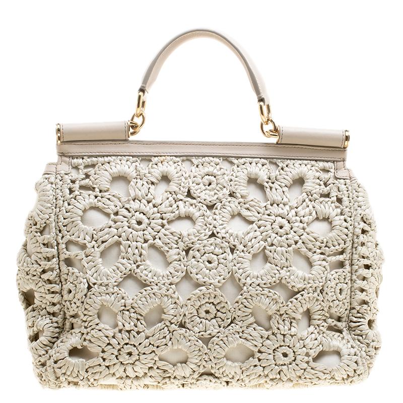 Dolce and Gabbana Off White Crochet Raffia Large Miss Sicily Top Handle Bag 3