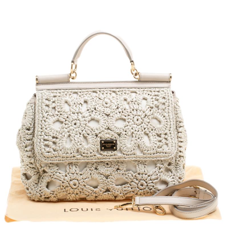 Dolce and Gabbana Off White Crochet Raffia Large Miss Sicily Top Handle Bag 6