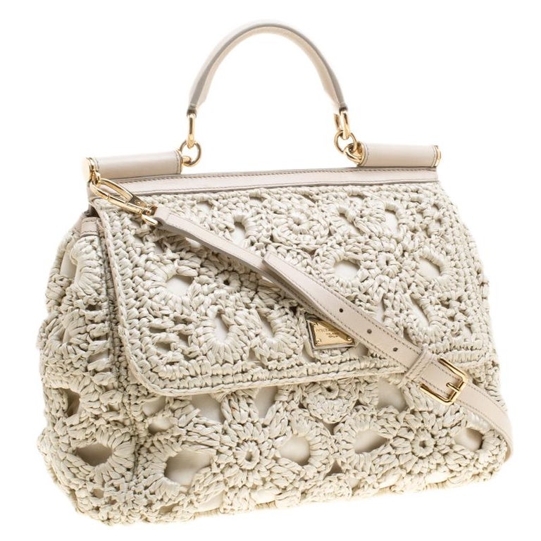 Dolce and Gabbana Off White Crochet Raffia Large Miss Sicily Top Handle ...