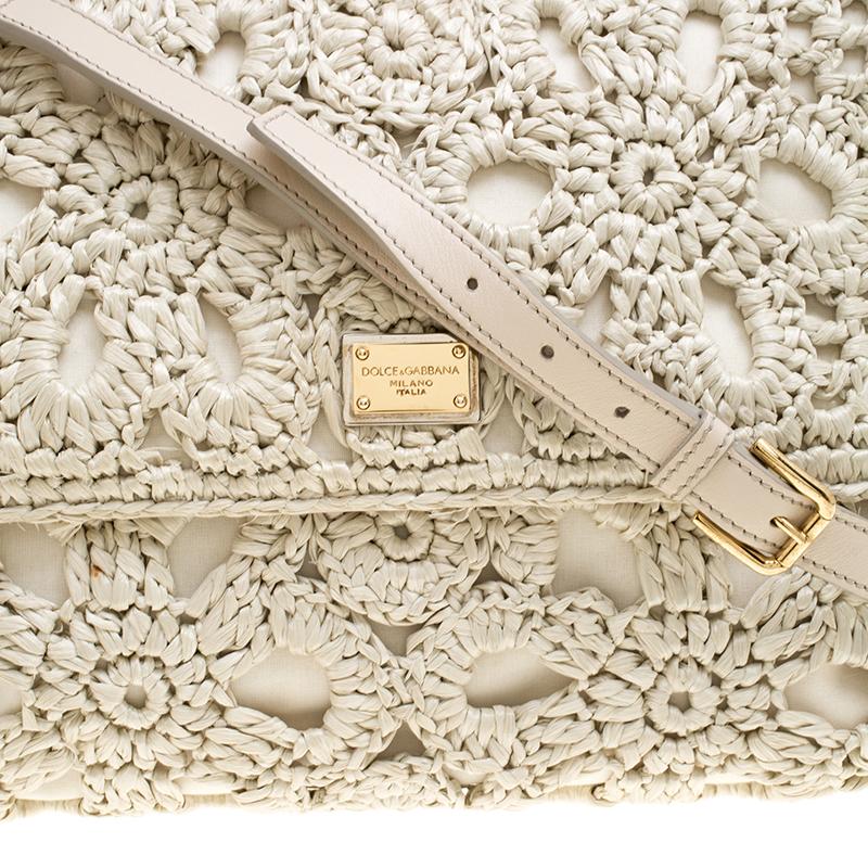 Women's Dolce and Gabbana Off White Crochet Raffia Large Miss Sicily Top Handle Bag