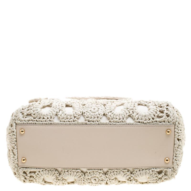 Dolce and Gabbana Off White Crochet Raffia Large Miss Sicily Top Handle ...