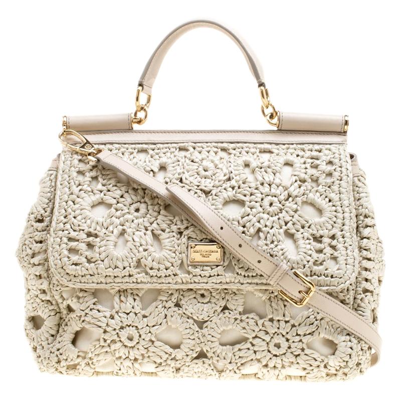 Dolce and Gabbana Off White Crochet Raffia Large Miss Sicily Top Handle Bag