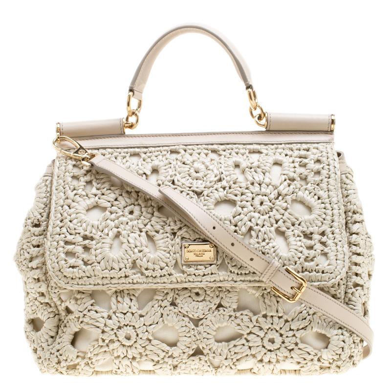 Dolce and Gabbana Off White Crochet Raffia Large Miss Sicily Top Handle Bag