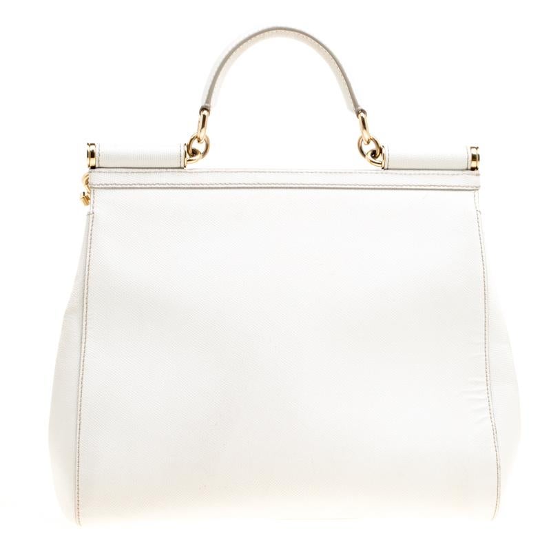 Dolce and Gabbana Off White Leather Large Miss Sicily Top Handle Bag In Good Condition In Dubai, Al Qouz 2