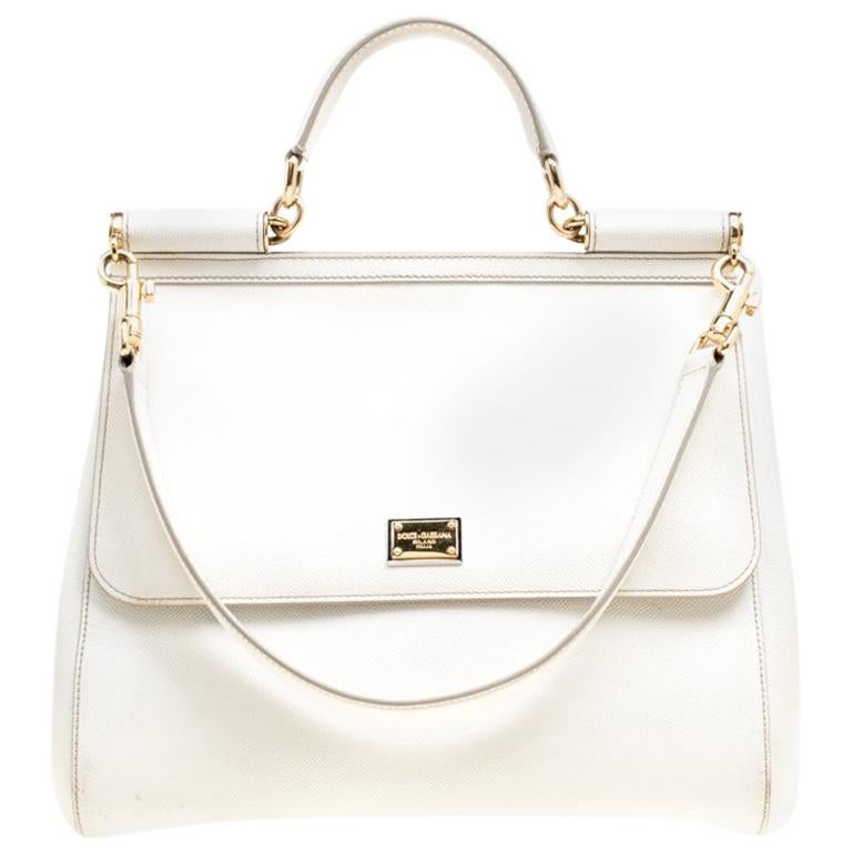 Dolce and Gabbana Off White Leather Large Miss Sicily Top Handle Bag