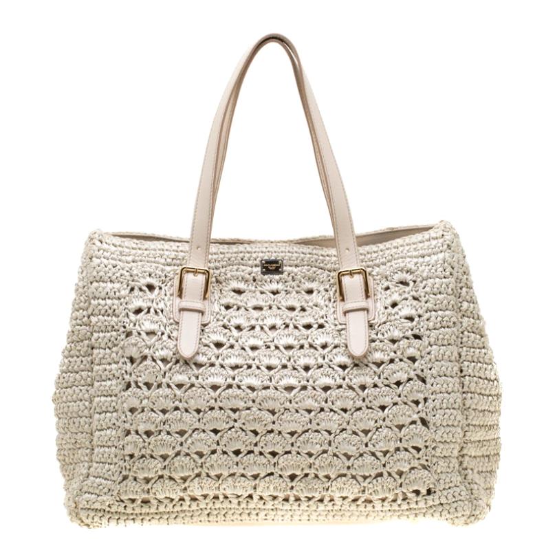 Dolce and Gabbana Off White Raffia Crochet Alma Tote For Sale at ...