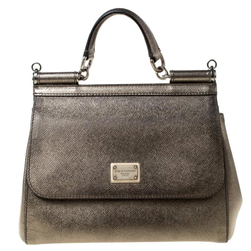 Dolce and Gabbana Olive Green Metallic Leather Medium Miss Sicily Top Handle Bag
