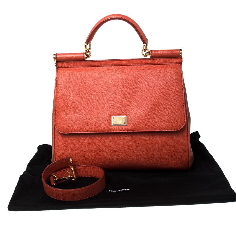 Dolce and Gabbana Orange Leather Large Miss Sicily Top Handle Bag 5