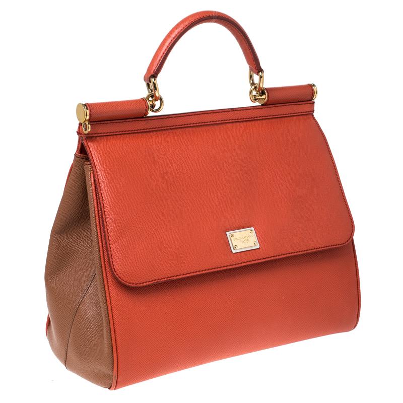 Red Dolce and Gabbana Orange Leather Large Miss Sicily Top Handle Bag