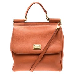 Dolce and Gabbana Orange Leather Medium Miss Sicily Top Handle Bag