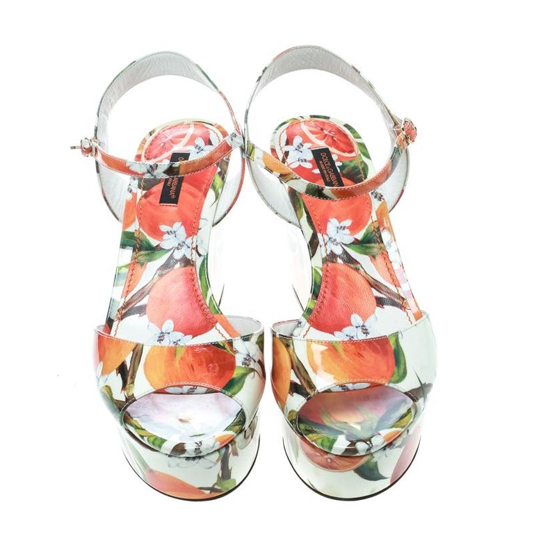Dolce and Gabbana Orange Print Ankle Strap Platform Wedge Sandals Size ...