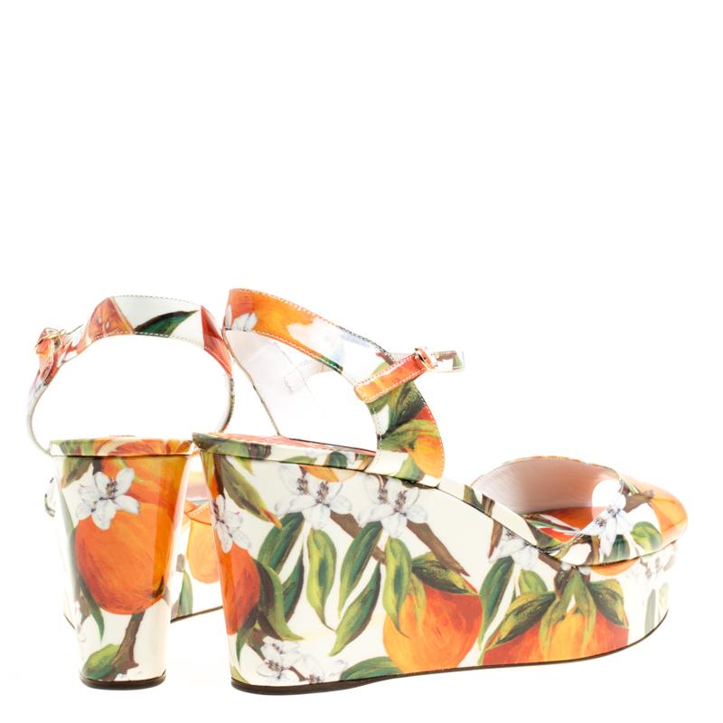 Beige Dolce and Gabbana Orange Print Patent Leather Ankle Strap Platform Wedge Sandals