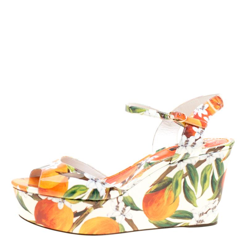 Women's Dolce and Gabbana Orange Print Patent Leather Ankle Strap Platform Wedge Sandals