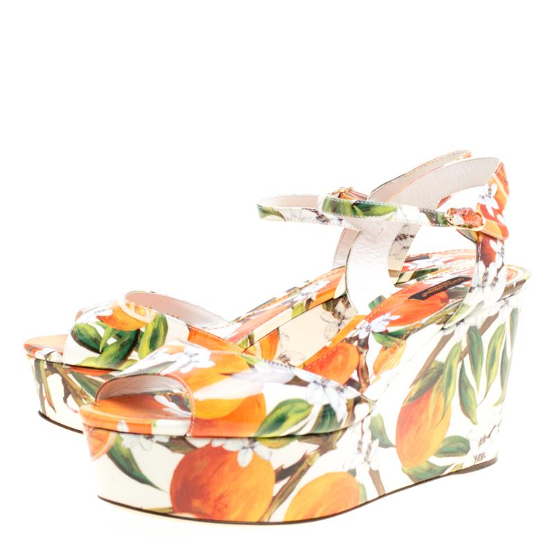Dolce and Gabbana Orange Print Patent Leather Ankle Strap Platform Wedge Sandals 1