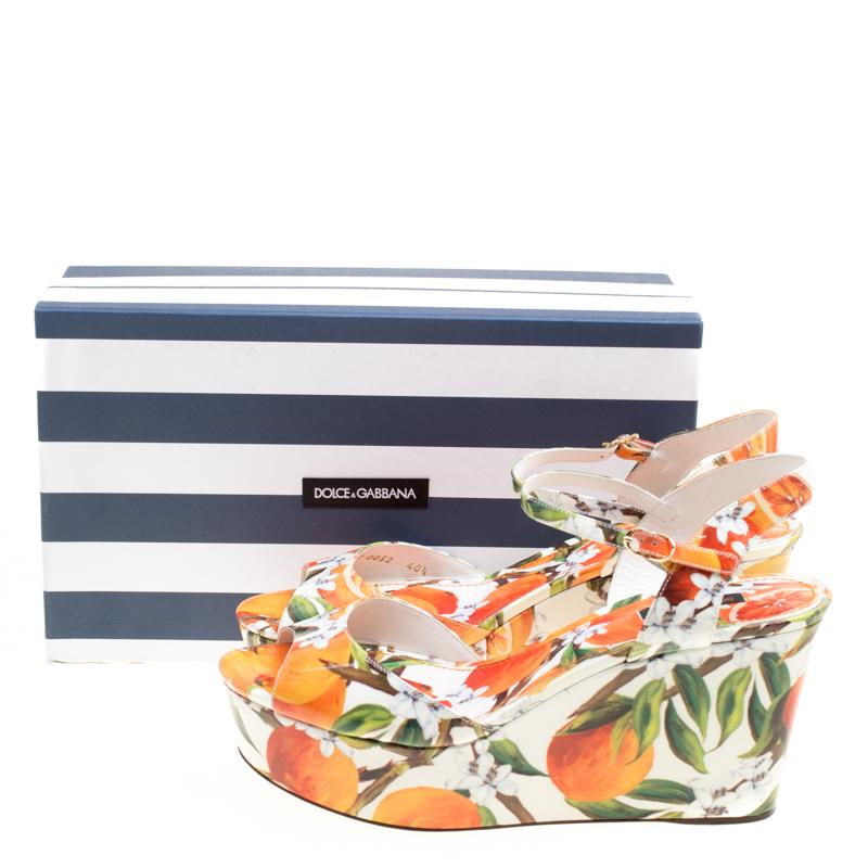Dolce and Gabbana Orange Print Patent Leather Ankle Strap Platform Wedge Sandals 2
