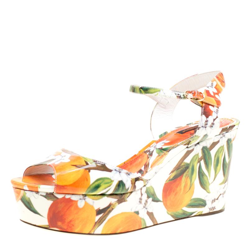 Dolce and Gabbana Orange Print Patent Leather Ankle Strap Platform Wedge Sandals