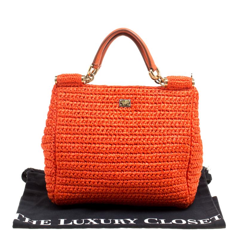 Dolce and Gabbana Orange Raffia Miss Sicily Top Handle Bag 6