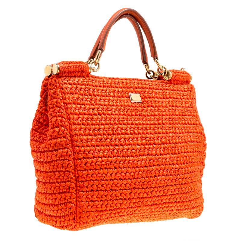 Dolce and Gabbana Orange Raffia Miss Sicily Top Handle Bag In Good Condition In Dubai, Al Qouz 2