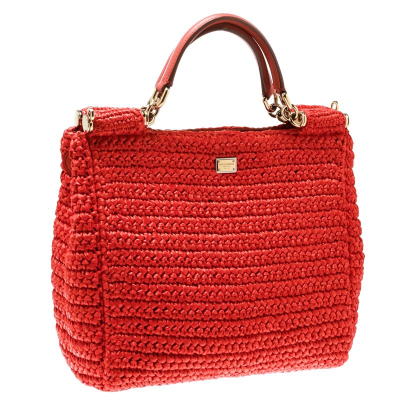 Dolce and Gabbana Orange Raffia Miss Sicily Top Handle Bag In Excellent Condition In Dubai, Al Qouz 2