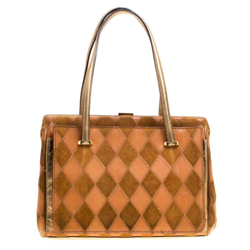 Dolce and Gabbana Peach/Gold Quilted Stitch Leather and Suede Frame Bag In Good Condition In Dubai, Al Qouz 2
