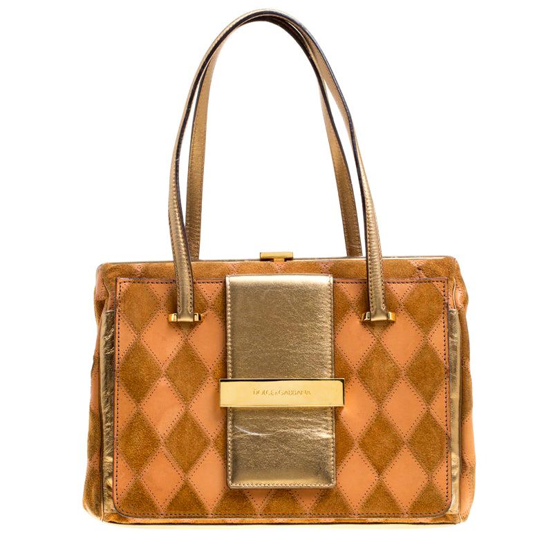 Dolce and Gabbana Peach/Gold Quilted Stitch Leather and Suede Frame Bag