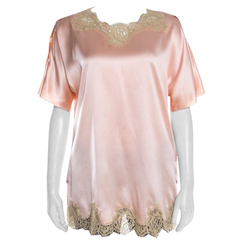 Dolce and Gabbana Peach Satin Silk Lace Trimmed Kimono Sleeve Blouse S