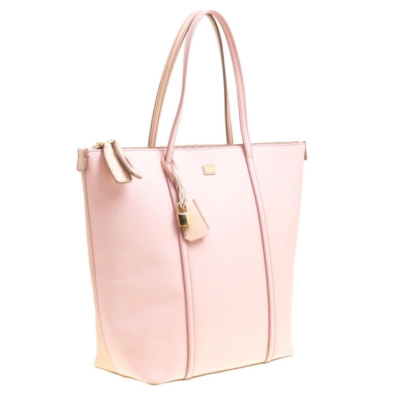Dolce and Gabbana Pink/Beige Leather Miss Escape Zip Tote 5