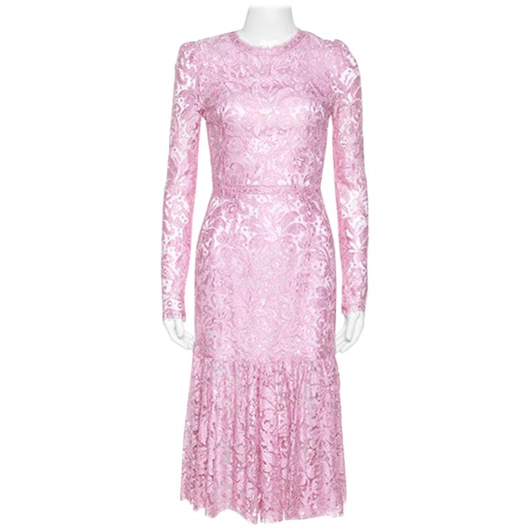 Dolce and Gabbana Pink Lace Flounce Midi Dress S