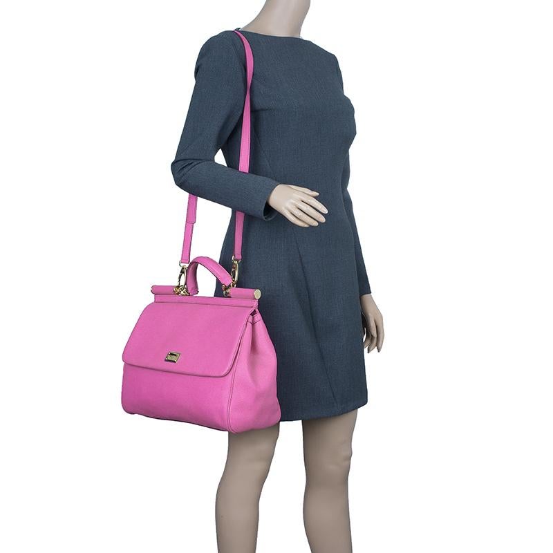 Dolce and Gabbana Pink Leather Large Miss Sicily Tote In Good Condition In Dubai, Al Qouz 2