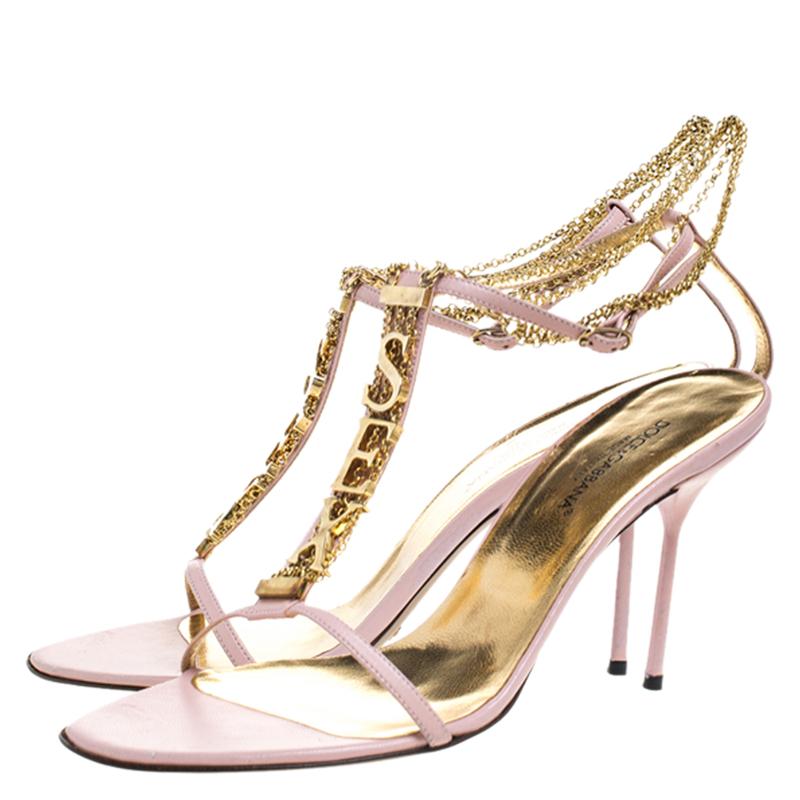 Beige Dolce and Gabbana Pink Leather Sex Chain Detail Ankle Strap Sandals Size 40