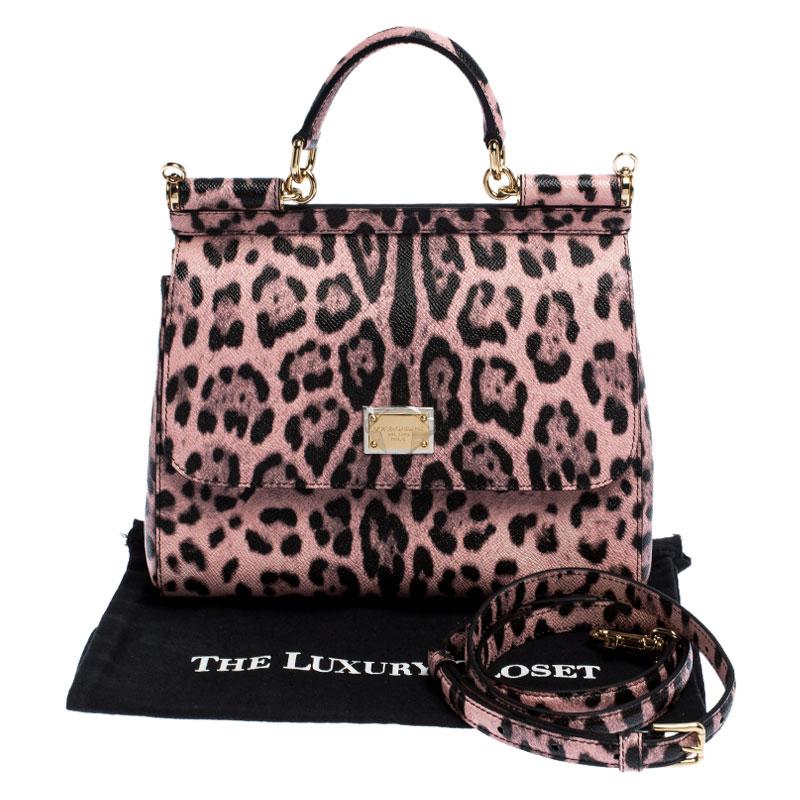 Dolce and Gabbana Pink Leopard Print Leather Medium Miss Sicily Top Handle Bag 2