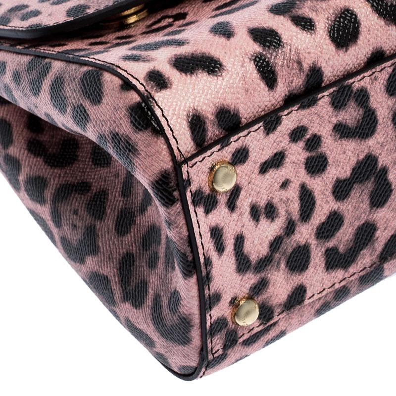 Brown Dolce and Gabbana Pink Leopard Print Leather Medium Miss Sicily Top Handle Bag