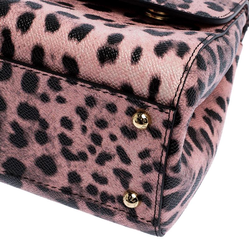 Dolce and Gabbana Pink Leopard Print Leather Medium Miss Sicily Top Handle Bag In Good Condition In Dubai, Al Qouz 2