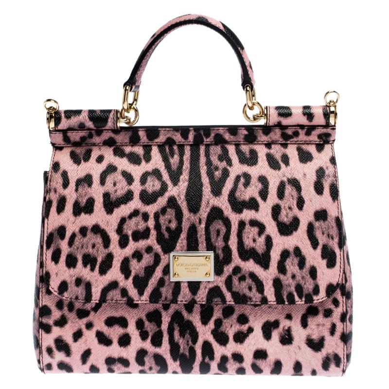 Dolce and Gabbana Pink Leopard Print Leather Medium Miss Sicily Top Handle Bag