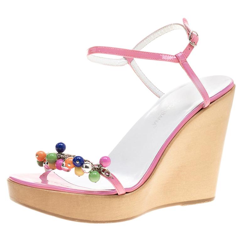 Dolce And Gabbana Pink Patent Leather Beads Embellished  Wedge Sandals Size 37.5