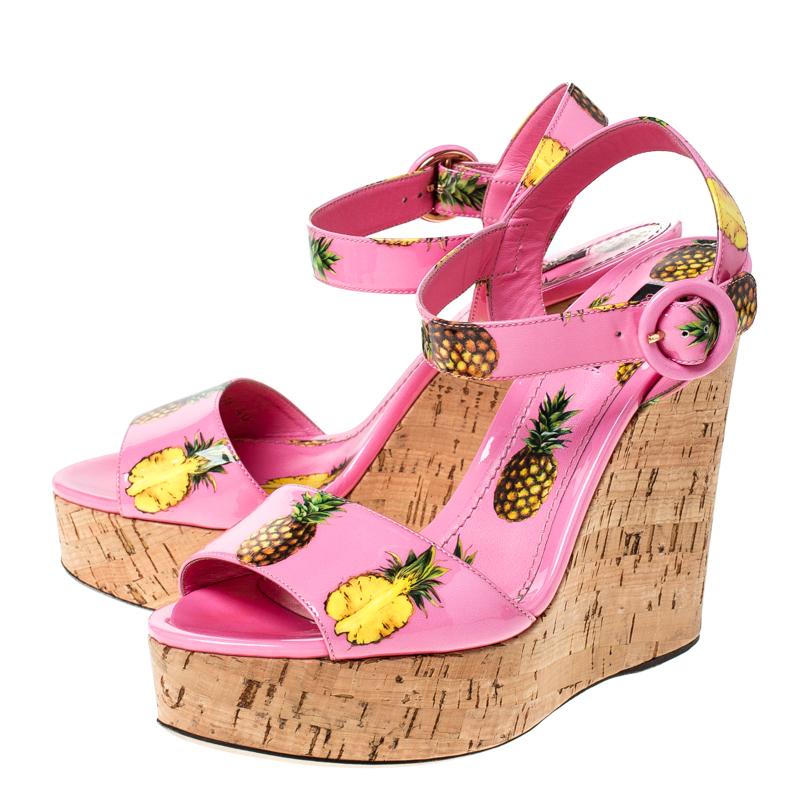 Women's Dolce And Gabbana Pink Patent Leather Pineapple Cork Wedge Sandals Size 40