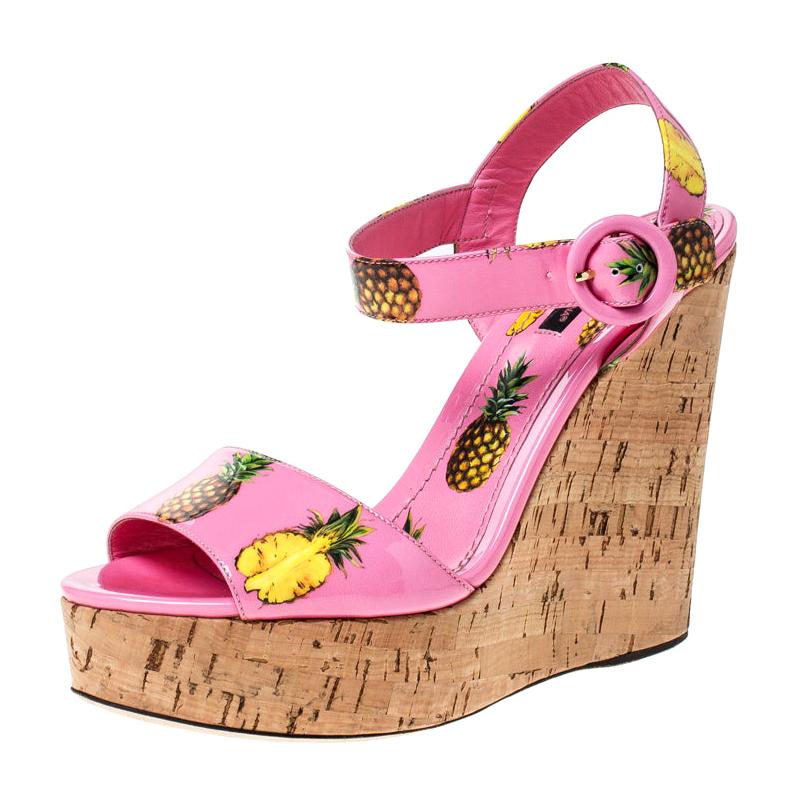 Dolce And Gabbana Pink Patent Leather Pineapple Cork Wedge Sandals Size 40