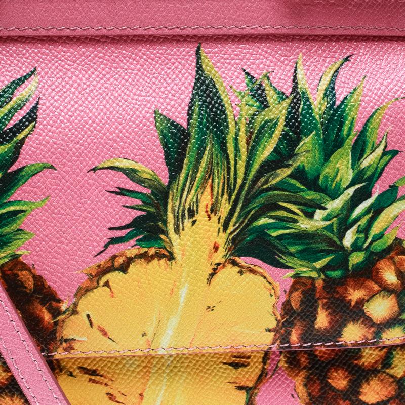 Dolce and Gabbana Pink Pineapple Print Leather Small Miss Sicily Top Handle Bag 4