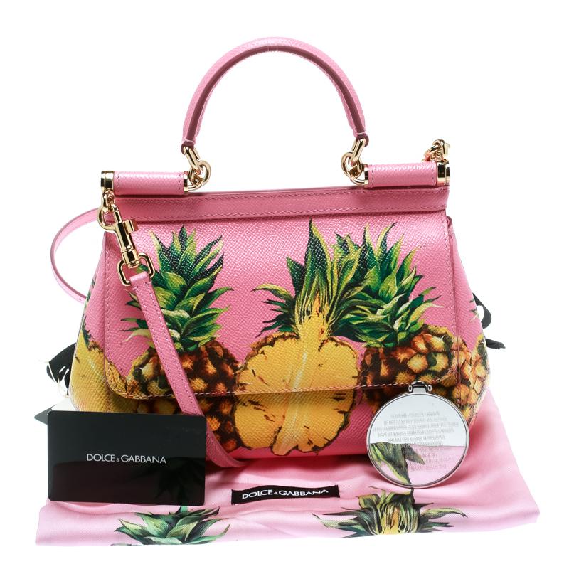 Dolce and Gabbana Pink Pineapple Print Leather Small Miss Sicily Top Handle Bag 5