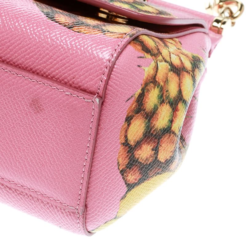 Women's Dolce and Gabbana Pink Pineapple Print Leather Small Miss Sicily Top Handle Bag