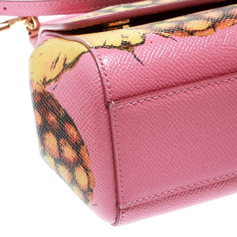 Dolce and Gabbana Pink Pineapple Print Leather Small Miss Sicily Top Handle Bag 1