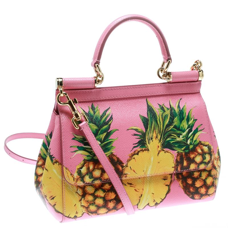 Dolce and Gabbana Pink Pineapple Print Leather Small Miss Sicily Top Handle Bag 3