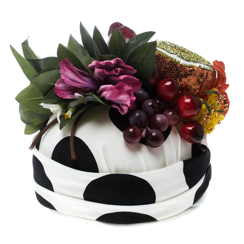 Brown Dolce and Gabbana Polka Dotted Stretch Silk Embellished 3D Fruit Detail Turban L