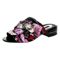 Dolce and Gabbana Printed Fabric Crystal Embellished Bow Open Toe Flat Mules 37