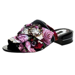 Dolce and Gabbana Printed Fabric Crystal Embellished Bow Open Toe Mules Size37.5