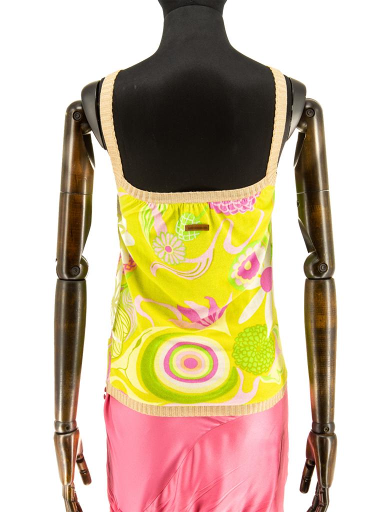 Finely knitted D&G camisole, in a psychedelic print. The print featured on the runway that season in the form of a dress. Stylised floral design in bright yellow, green and shades of pink with knitted rib straps and edging in complimenting pale
