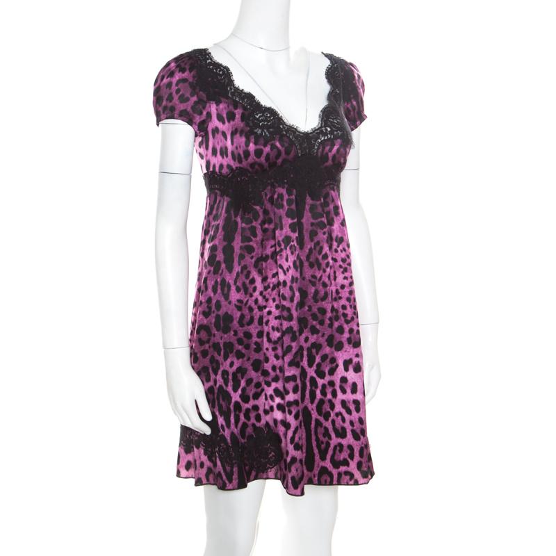 Dolce and Gabbana Purple and Black Animal Printed Lace Insert Baby Doll Dress S In New Condition In Dubai, Al Qouz 2