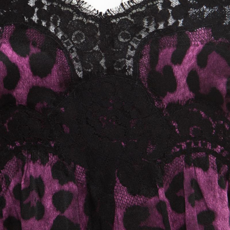 Women's Dolce and Gabbana Purple and Black Animal Printed Lace Insert Baby Doll Dress S