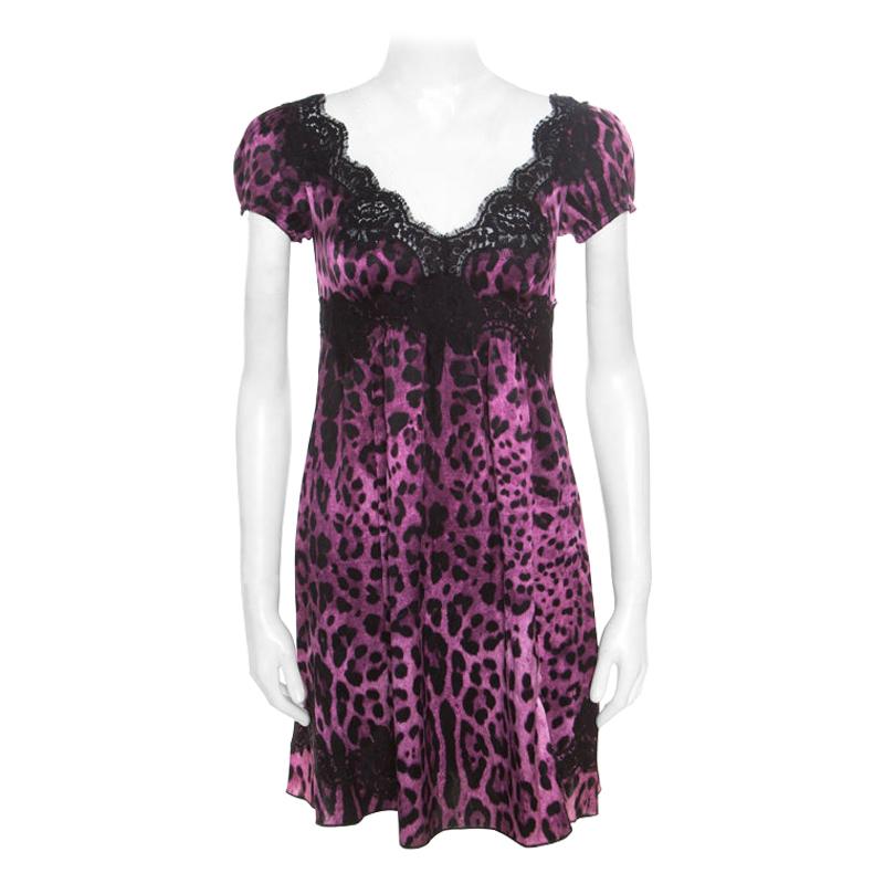 Dolce and Gabbana Purple and Black Animal Printed Lace Insert Baby Doll Dress S